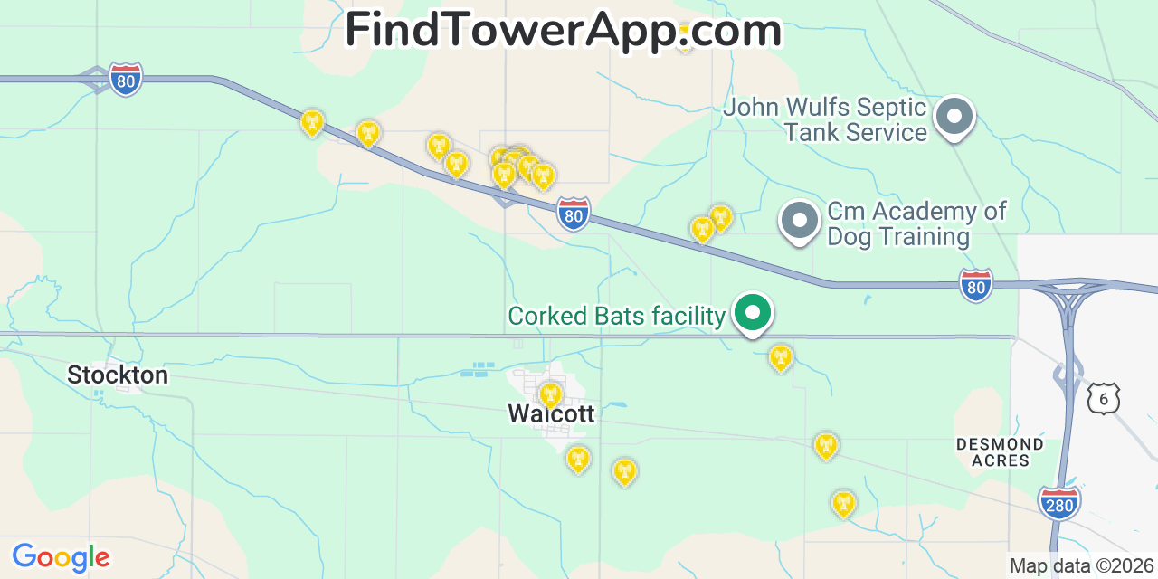 Map showing the 20 primary cell tower locations detected in Walcott, Iowa from AT&T, Verizon, and T-Mobile networks