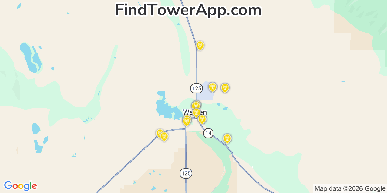 Map showing the 20 primary cell tower locations detected in Walden, Colorado from AT&T, Verizon, and T-Mobile networks