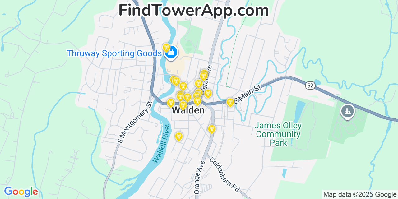 Map showing the 20 primary cell tower locations detected in Walden, New York from AT&T, Verizon, and T-Mobile networks