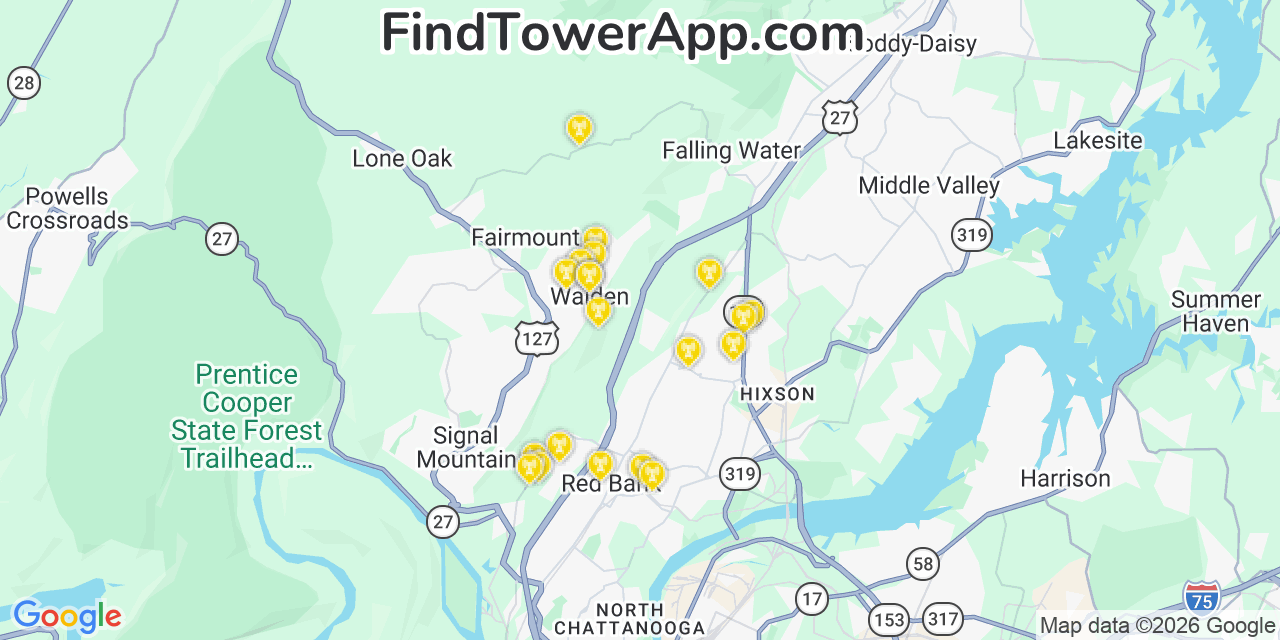 Map showing the 20 primary cell tower locations detected in Walden, Tennessee from AT&T, Verizon, and T-Mobile networks