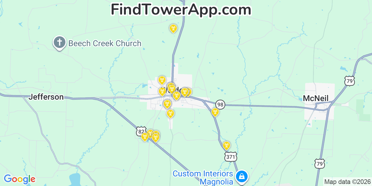 Map showing the 20 primary cell tower locations detected in Waldo, Arkansas from AT&T, Verizon, and T-Mobile networks