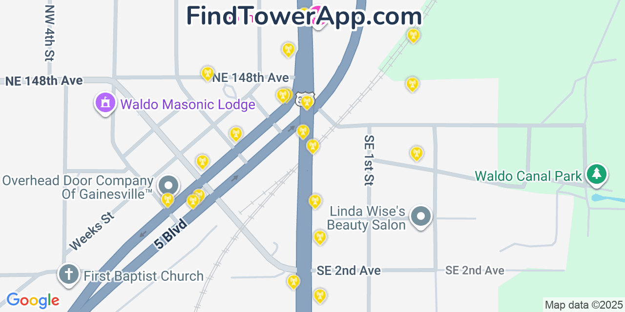 Map showing the 20 primary cell tower locations detected in Waldo, Florida from AT&T, Verizon, and T-Mobile networks