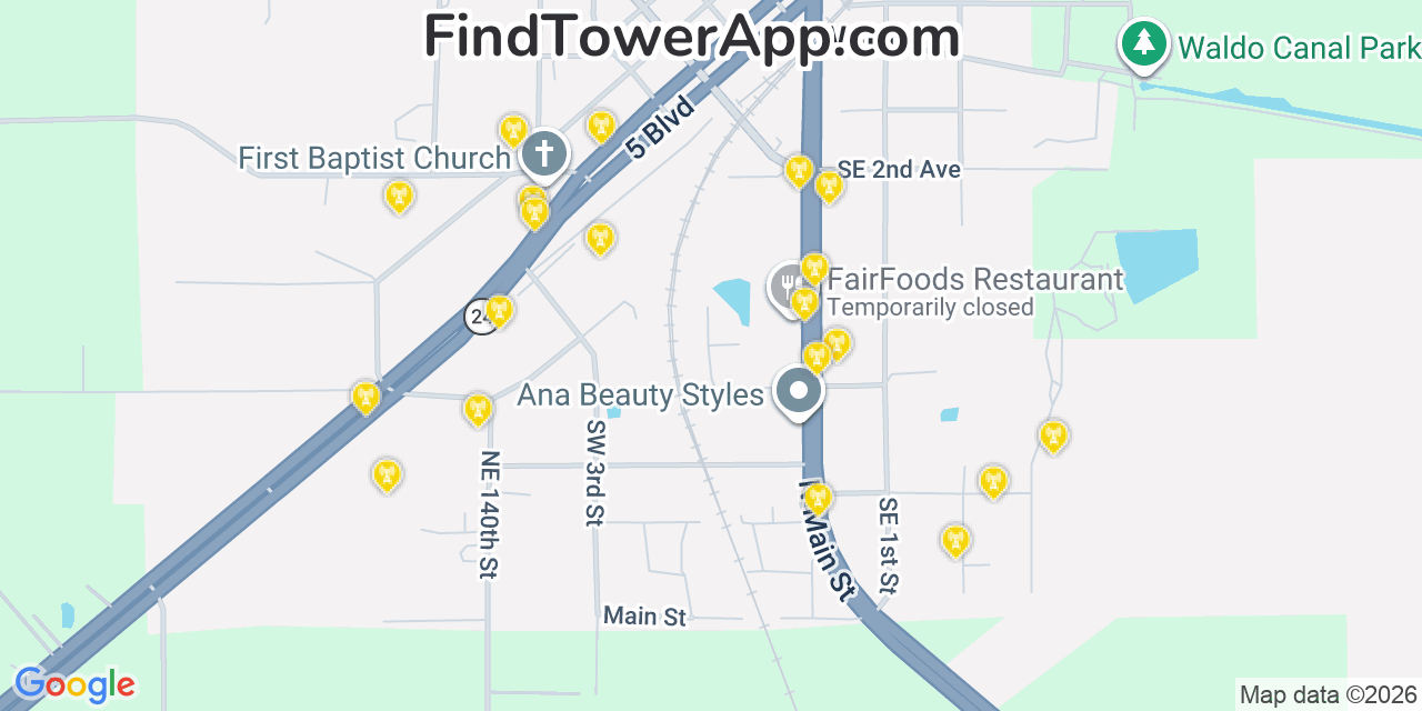 Map showing the 20 primary cell tower locations detected in Waldo, Florida from AT&T, Verizon, and T-Mobile networks