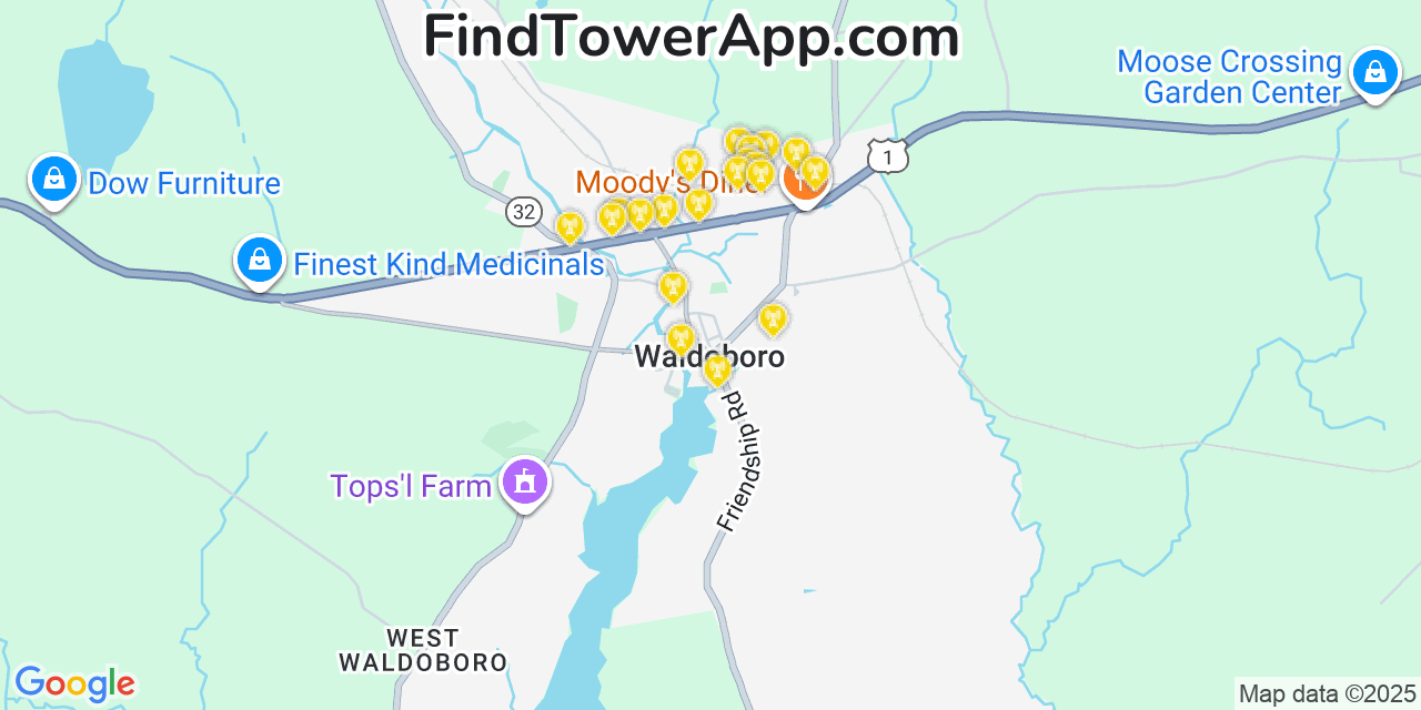 Map showing the 20 primary cell tower locations detected in Waldoboro, Maine from AT&T, Verizon, and T-Mobile networks