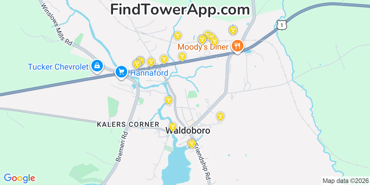 Map showing the 20 primary cell tower locations detected in Waldoboro, Maine from AT&T, Verizon, and T-Mobile networks