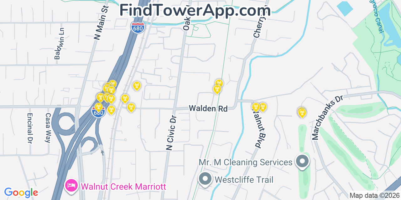 Map showing the 20 primary cell tower locations detected in Waldon, California from AT&T, Verizon, and T-Mobile networks