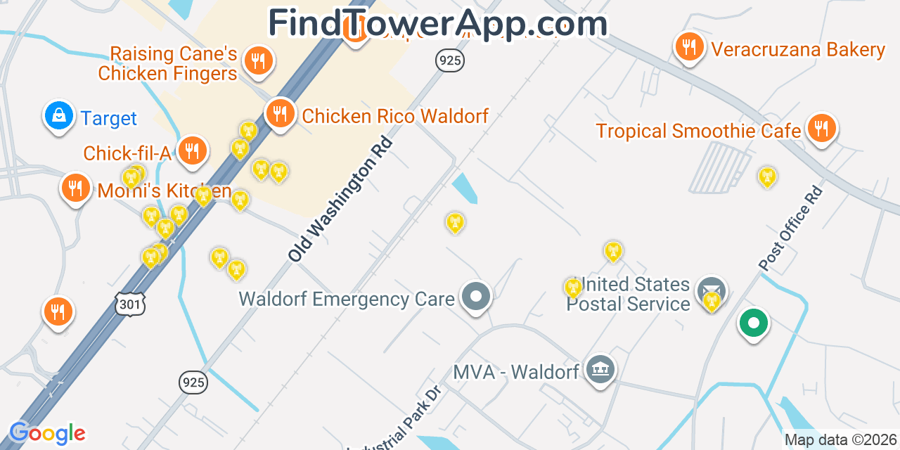 Map showing the 20 primary cell tower locations detected in Waldorf, Maryland from AT&T, Verizon, and T-Mobile networks