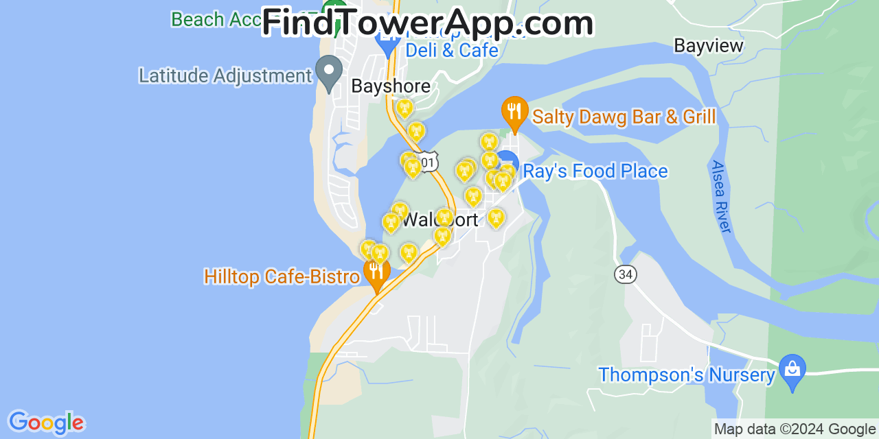 AT&T 4G/5G cell tower coverage map Waldport, Oregon