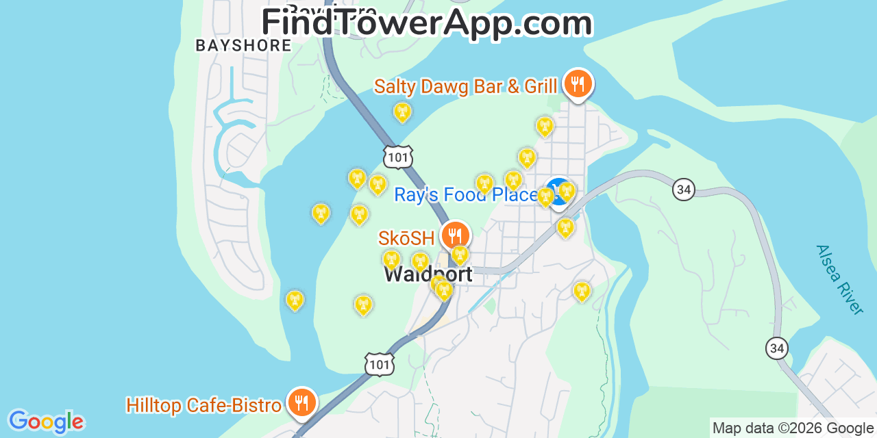 Map showing the 20 primary cell tower locations detected in Waldport, Oregon from AT&T, Verizon, and T-Mobile networks