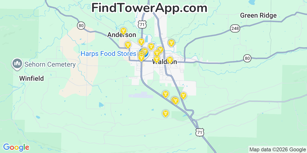 Map showing the 20 primary cell tower locations detected in Waldron, Arkansas from AT&T, Verizon, and T-Mobile networks
