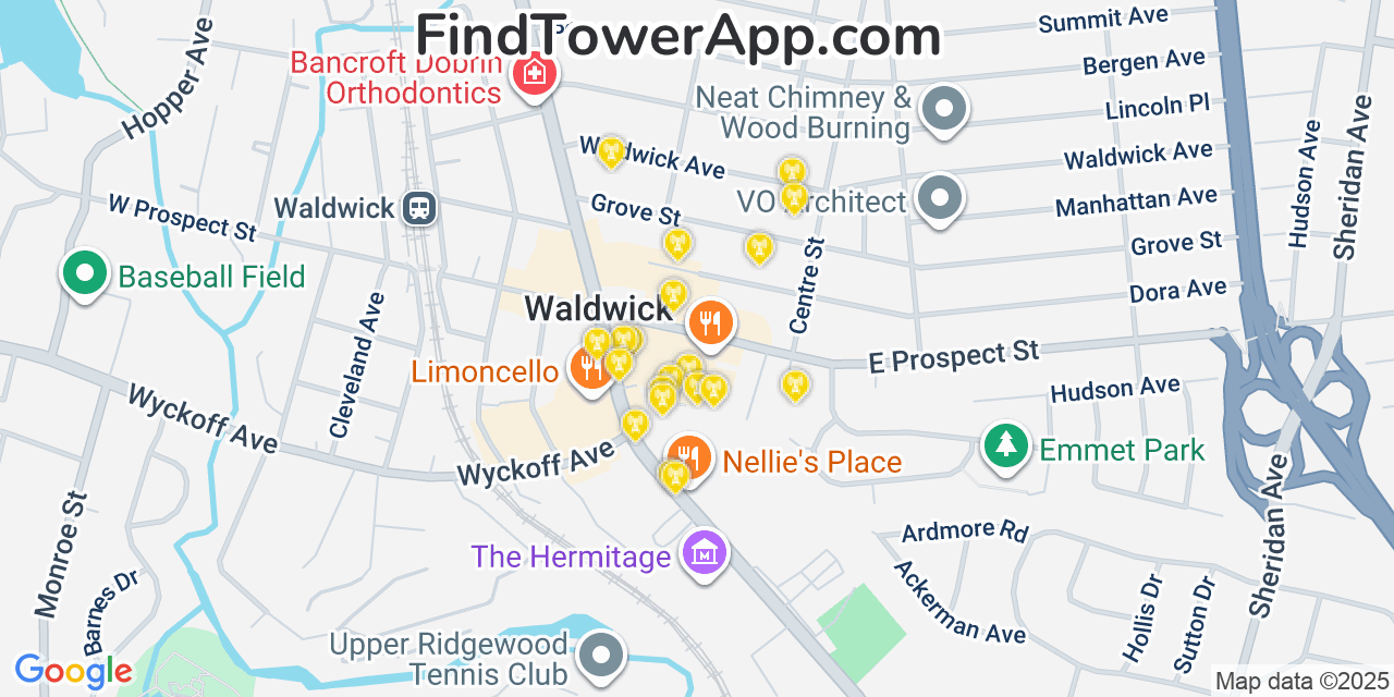Map showing the 20 primary cell tower locations detected in Waldwick, New Jersey from AT&T, Verizon, and T-Mobile networks