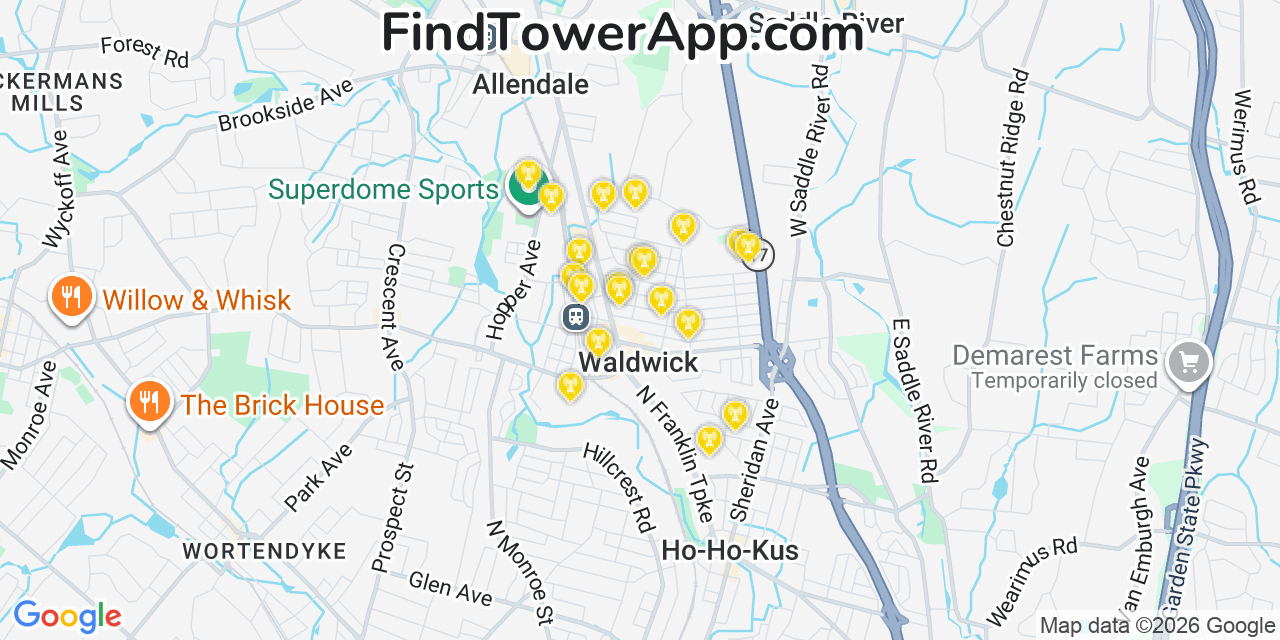 Map showing the 20 primary cell tower locations detected in Waldwick, New Jersey from AT&T, Verizon, and T-Mobile networks