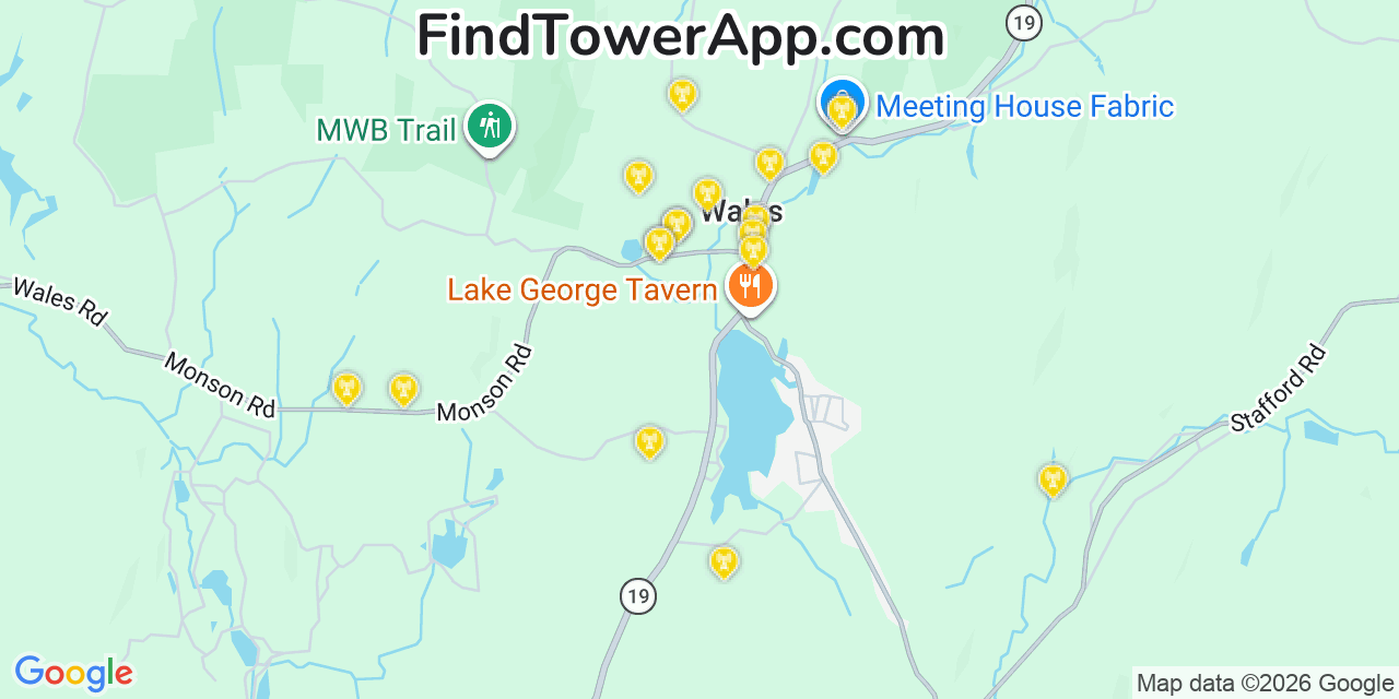 Map showing the 20 primary cell tower locations detected in Wales, Massachusetts from AT&T, Verizon, and T-Mobile networks