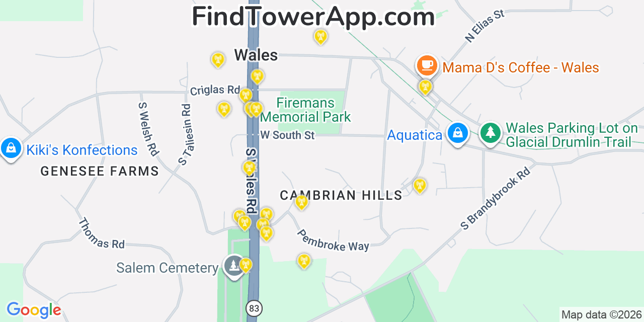 Map showing the 20 primary cell tower locations detected in Wales, Wisconsin from AT&T, Verizon, and T-Mobile networks