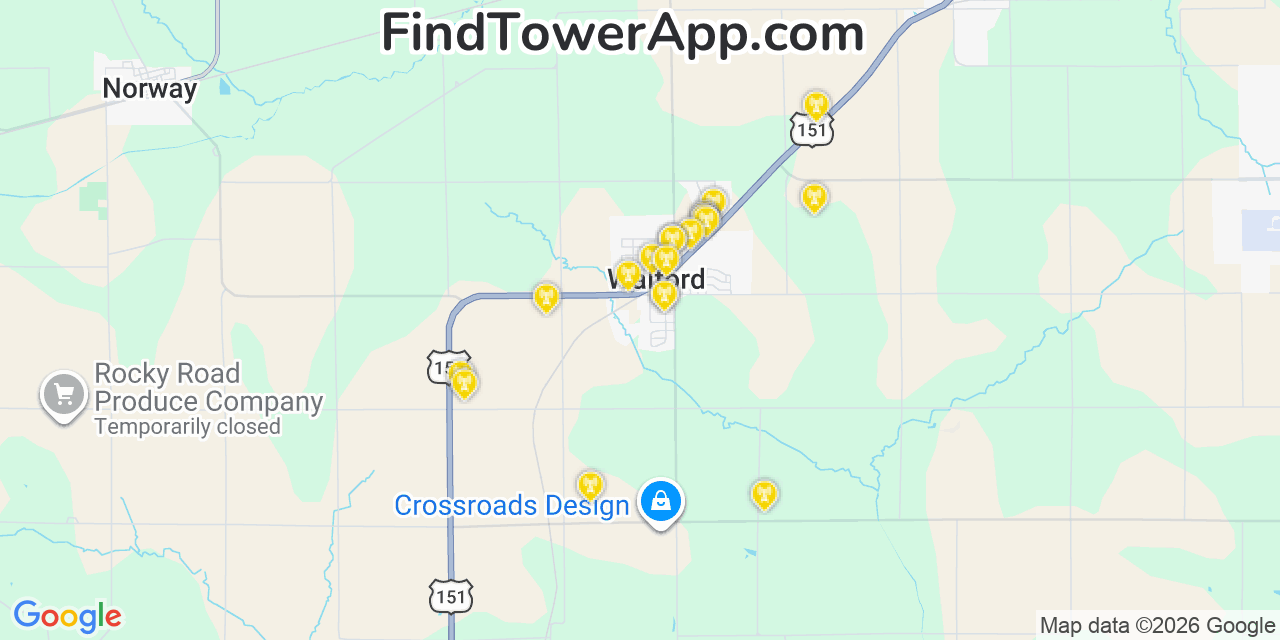 Map showing the 20 primary cell tower locations detected in Walford, Iowa from AT&T, Verizon, and T-Mobile networks