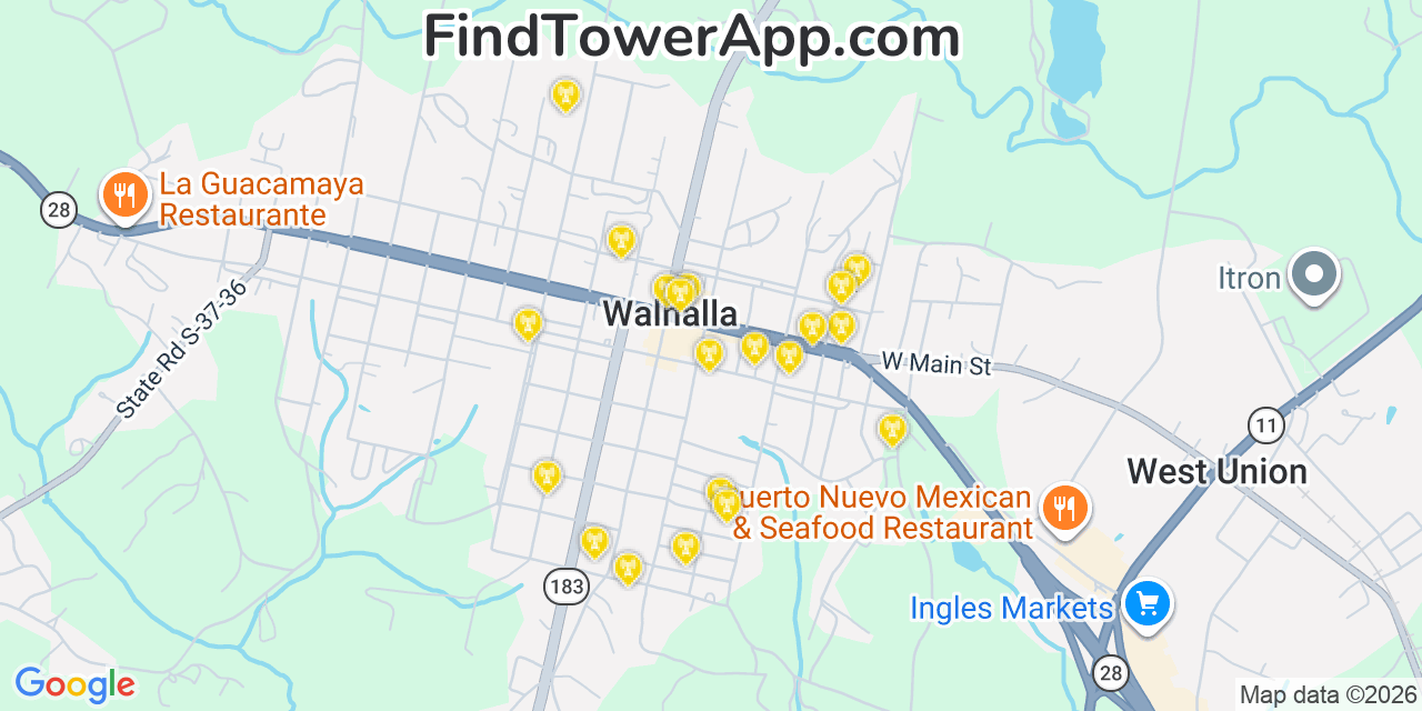 Map showing the 20 primary cell tower locations detected in Walhalla, South Carolina from AT&T, Verizon, and T-Mobile networks
