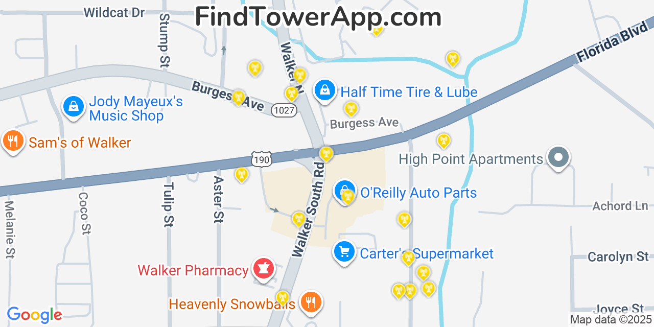 Map showing the 20 primary cell tower locations detected in Walker, Louisiana from AT&T, Verizon, and T-Mobile networks