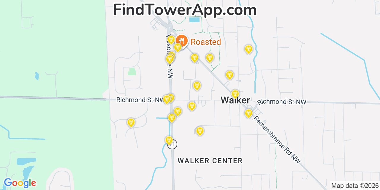 Map showing the 20 primary cell tower locations detected in Walker, Michigan from AT&T, Verizon, and T-Mobile networks