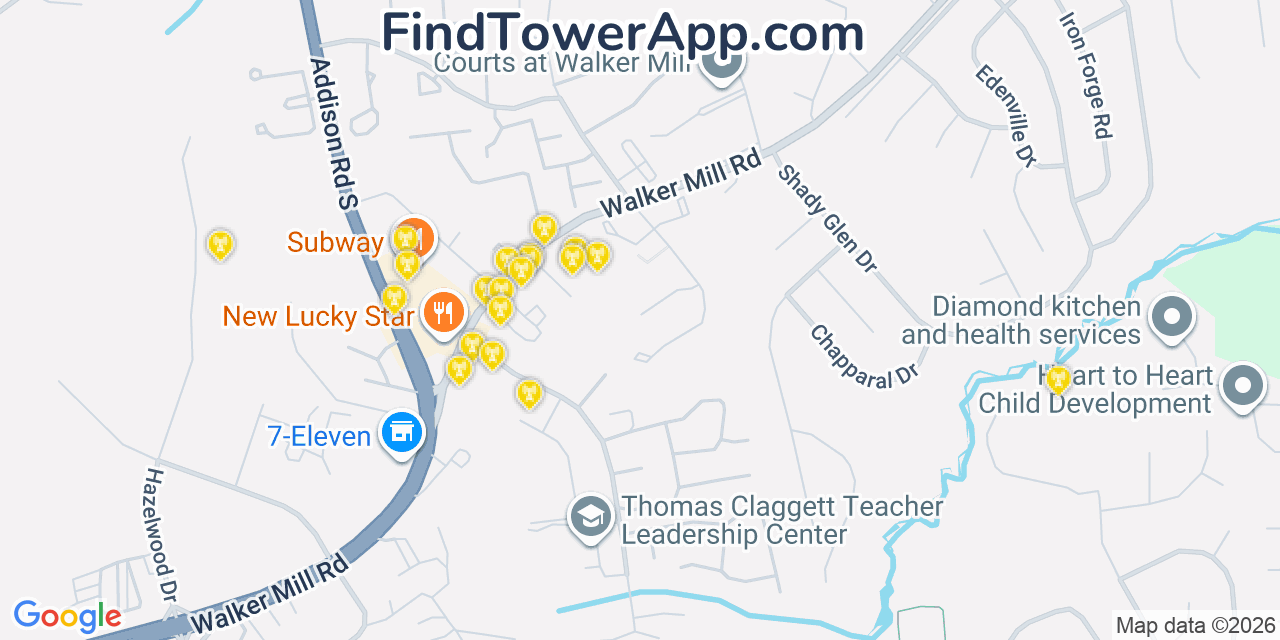 Map showing the 20 primary cell tower locations detected in Walker Mill, Maryland from AT&T, Verizon, and T-Mobile networks