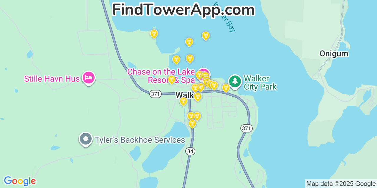 Map showing the 20 primary cell tower locations detected in Walker, Minnesota from AT&T, Verizon, and T-Mobile networks