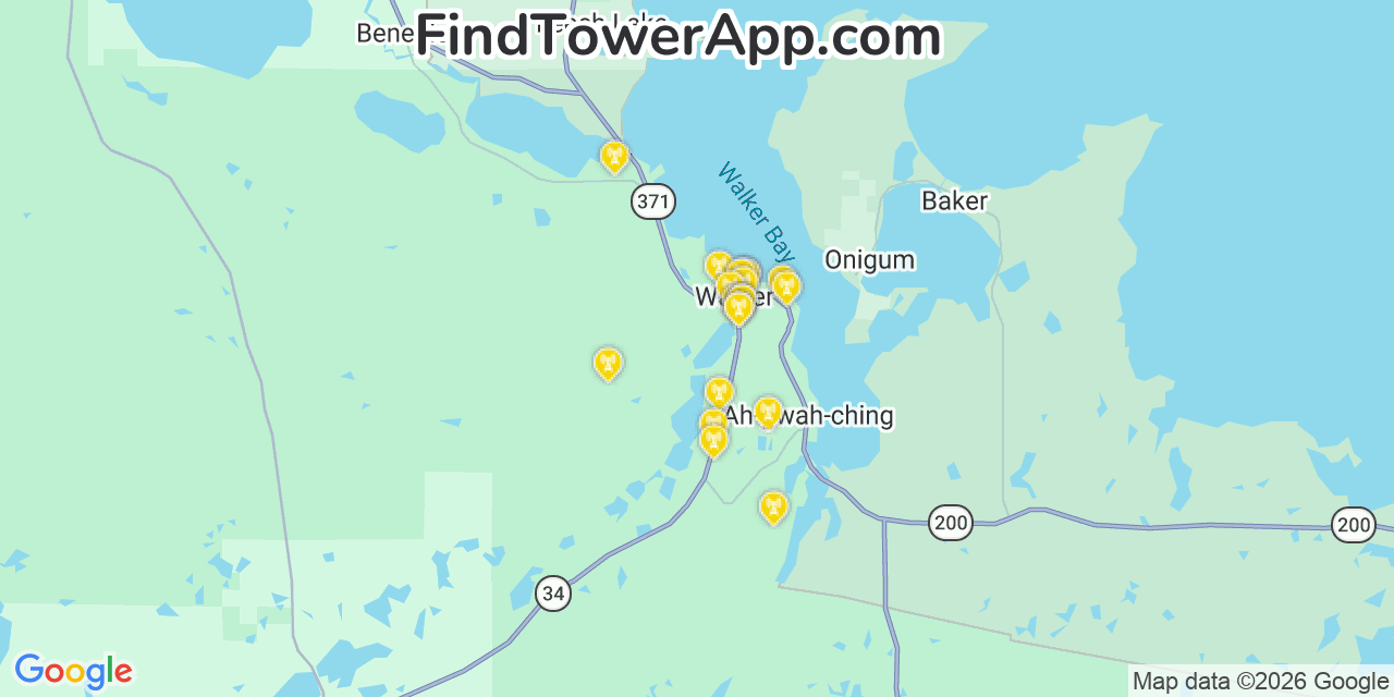 Map showing the 20 primary cell tower locations detected in Walker, Minnesota from AT&T, Verizon, and T-Mobile networks