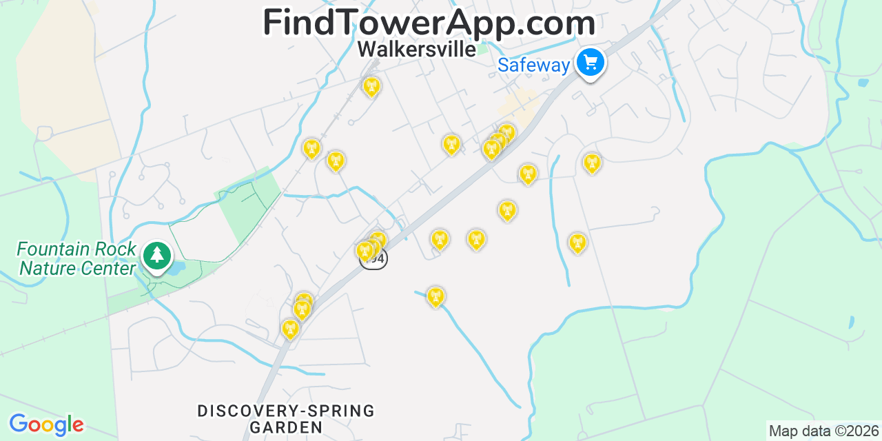 Map showing the 20 primary cell tower locations detected in Walkersville, Maryland from AT&T, Verizon, and T-Mobile networks