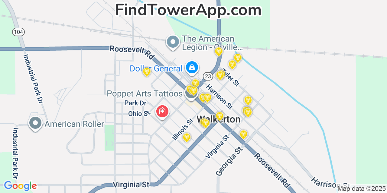 Map showing the 20 primary cell tower locations detected in Walkerton, Indiana from AT&T, Verizon, and T-Mobile networks