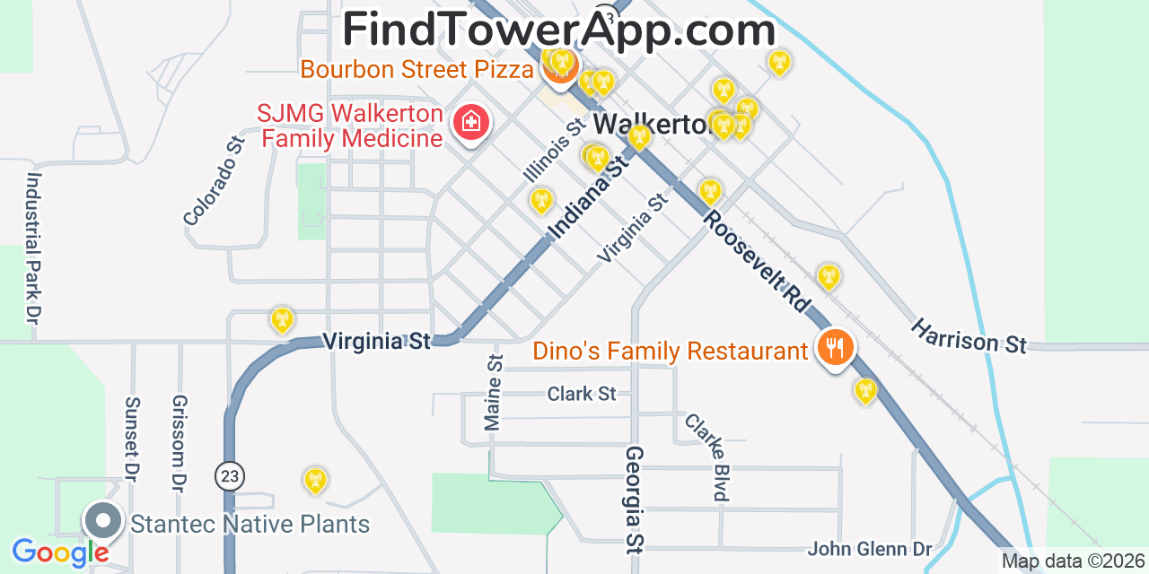 Map showing the 20 primary cell tower locations detected in Walkerton, Indiana from AT&T, Verizon, and T-Mobile networks