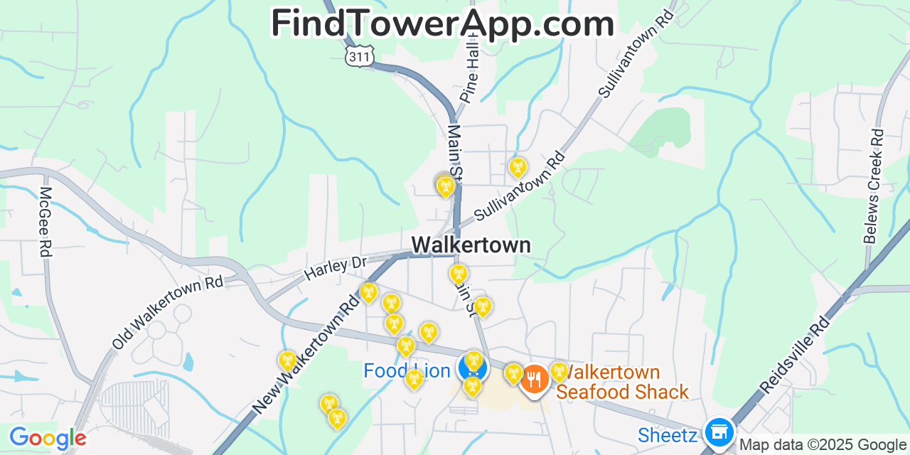 Map showing the 20 primary cell tower locations detected in Walkertown, North Carolina from AT&T, Verizon, and T-Mobile networks