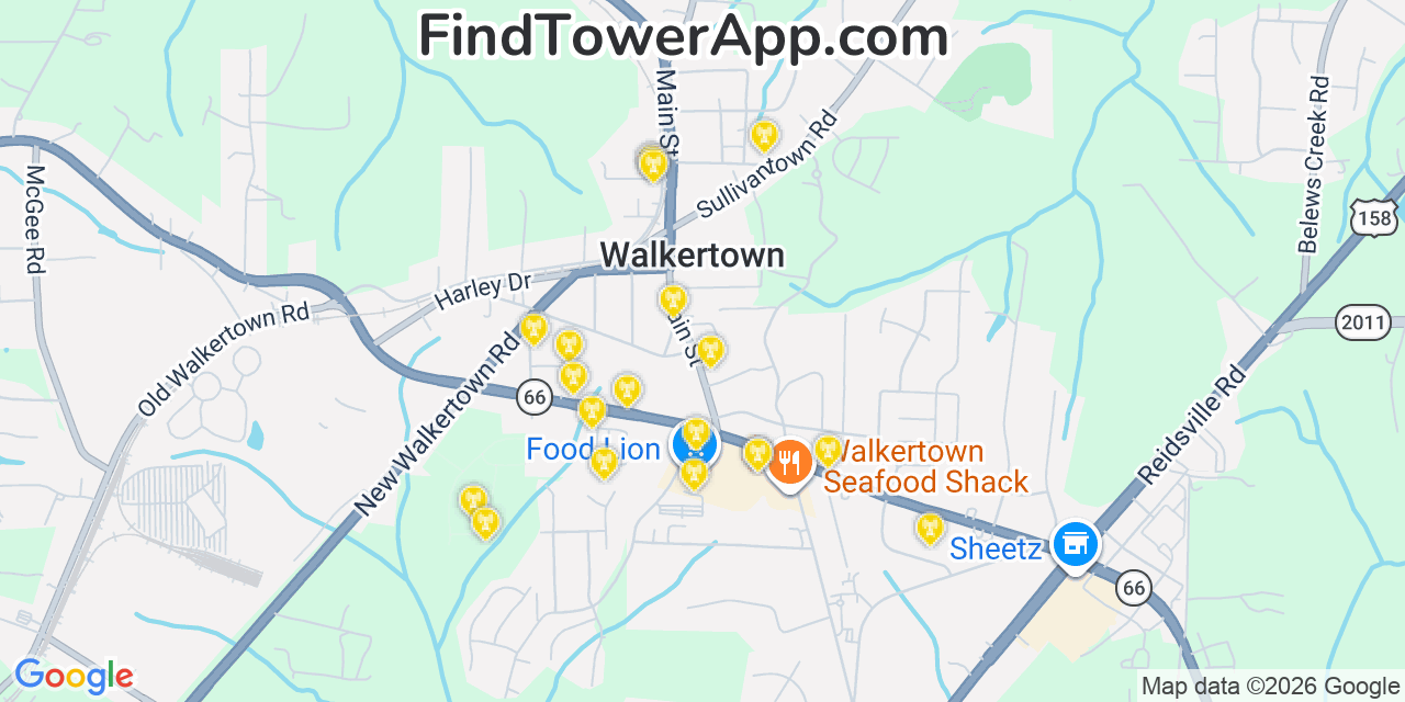 Map showing the 20 primary cell tower locations detected in Walkertown, North Carolina from AT&T, Verizon, and T-Mobile networks