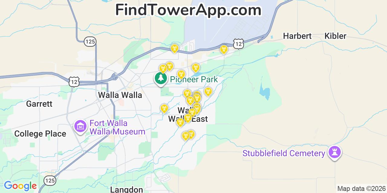 Map showing the 20 primary cell tower locations detected in Walla Walla East, Washington from AT&T, Verizon, and T-Mobile networks
