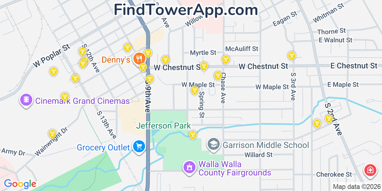 Map showing the 20 primary cell tower locations detected in Walla Walla, Washington from AT&T, Verizon, and T-Mobile networks