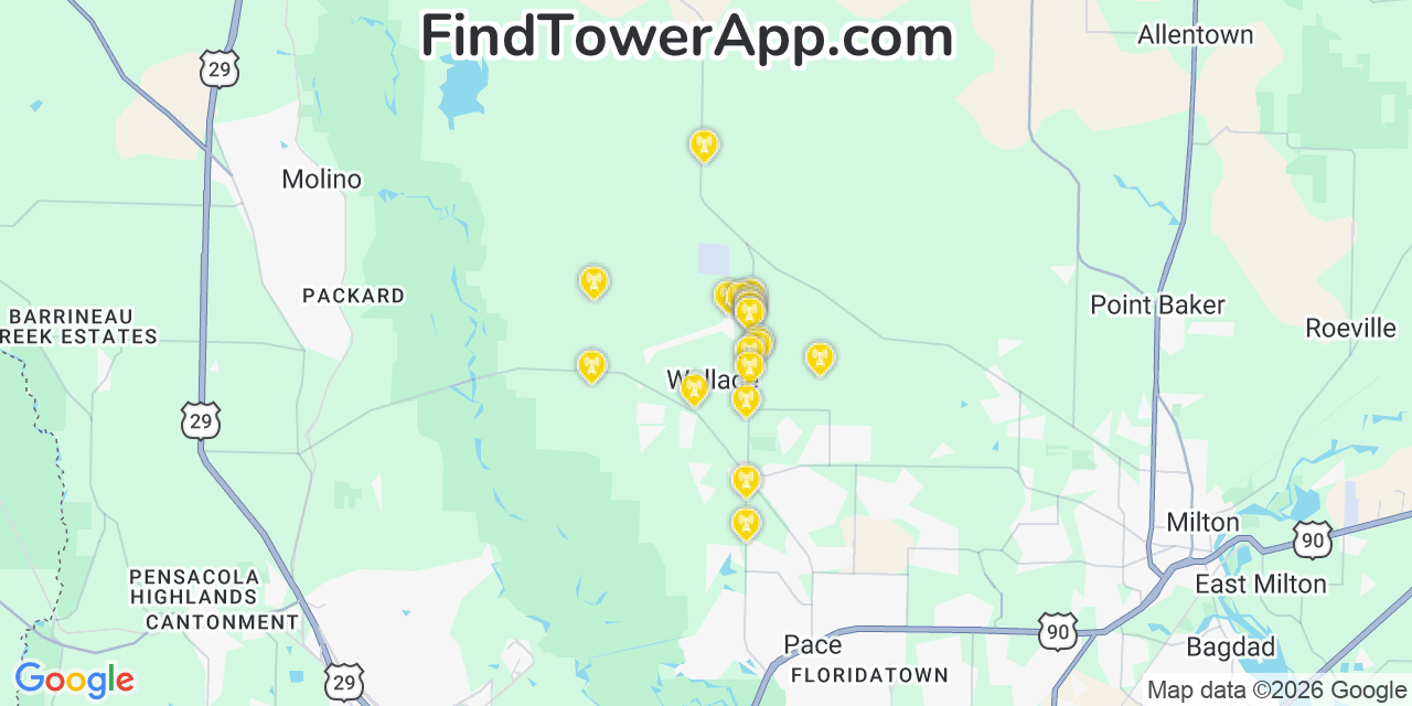 Map showing the 20 primary cell tower locations detected in Wallace, Florida from AT&T, Verizon, and T-Mobile networks