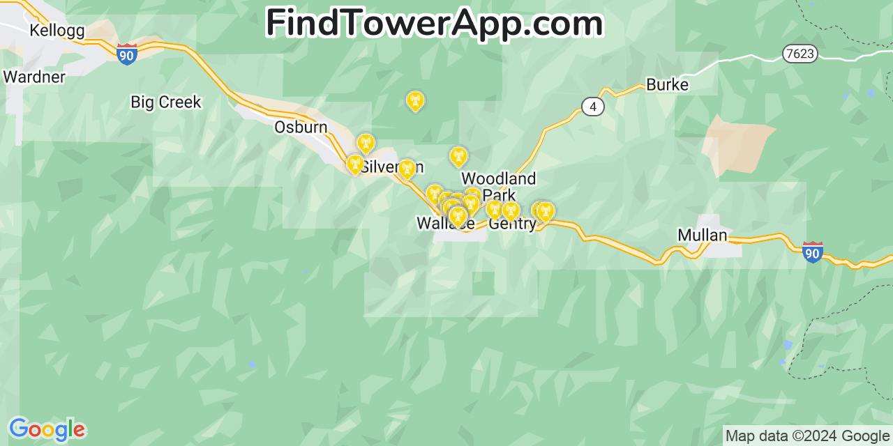 AT&T 4G/5G cell tower coverage map Wallace, Idaho