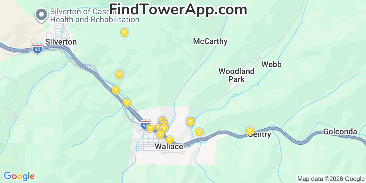 Map showing the 20 primary cell tower locations detected in Wallace, Idaho from AT&T, Verizon, and T-Mobile networks