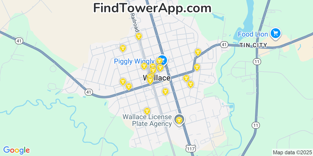 Map showing the 20 primary cell tower locations detected in Wallace, North Carolina from AT&T, Verizon, and T-Mobile networks