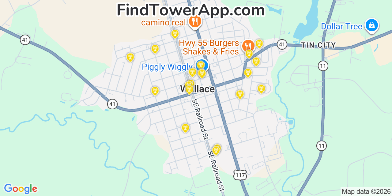 Map showing the 20 primary cell tower locations detected in Wallace, North Carolina from AT&T, Verizon, and T-Mobile networks