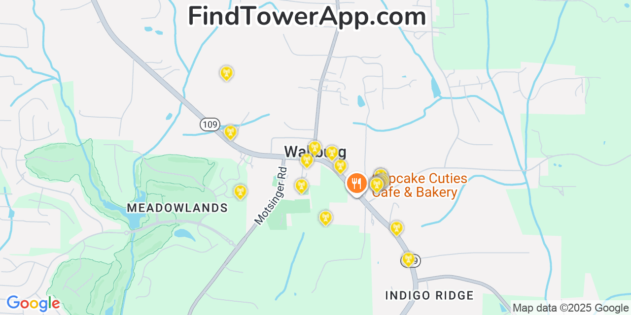 Map showing the 20 primary cell tower locations detected in Wallburg, North Carolina from AT&T, Verizon, and T-Mobile networks