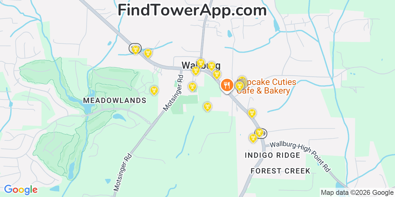 Map showing the 20 primary cell tower locations detected in Wallburg, North Carolina from AT&T, Verizon, and T-Mobile networks