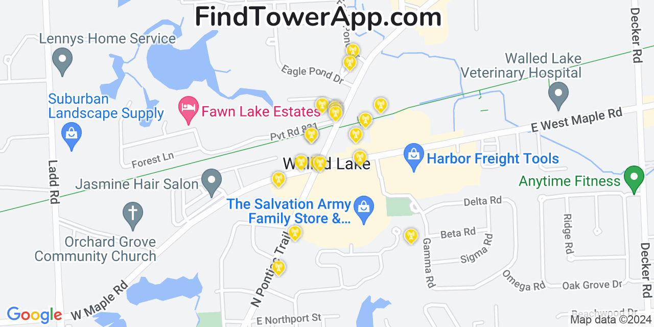 AT&T 4G/5G cell tower coverage map Walled Lake, Michigan