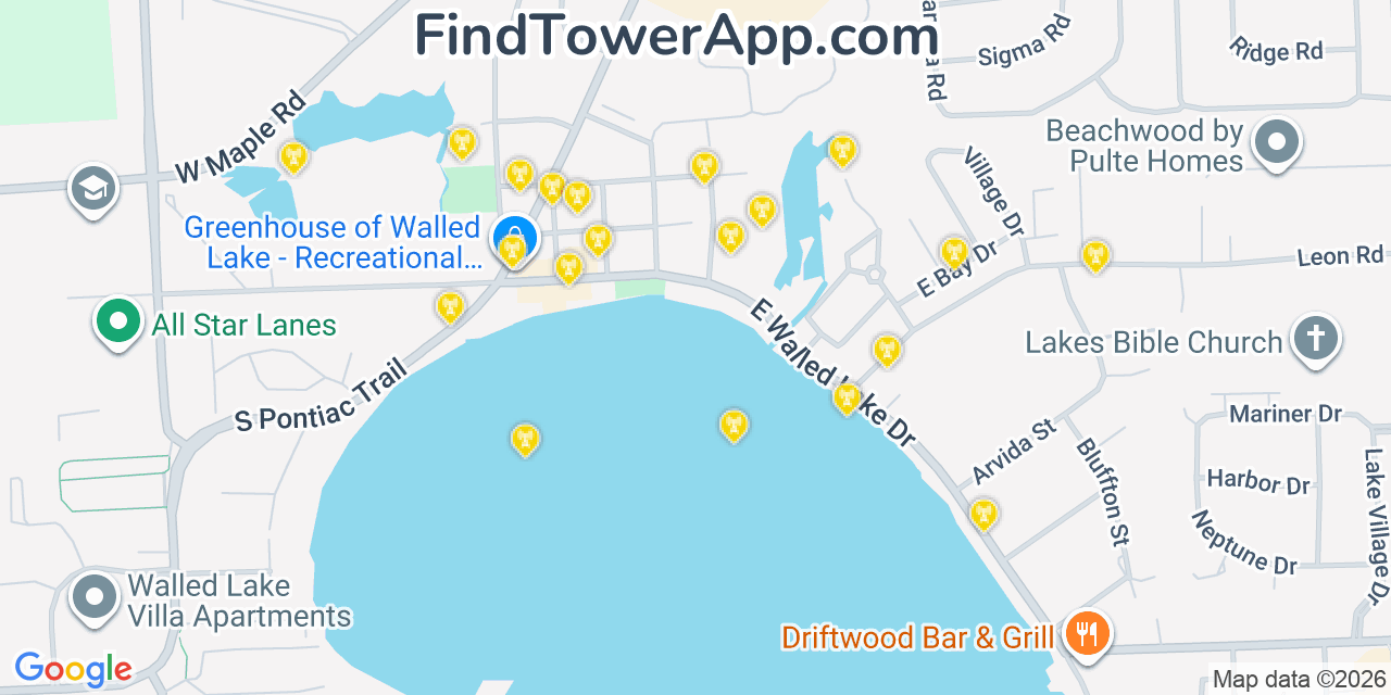 Map showing the 20 primary cell tower locations detected in Walled Lake, Michigan from AT&T, Verizon, and T-Mobile networks