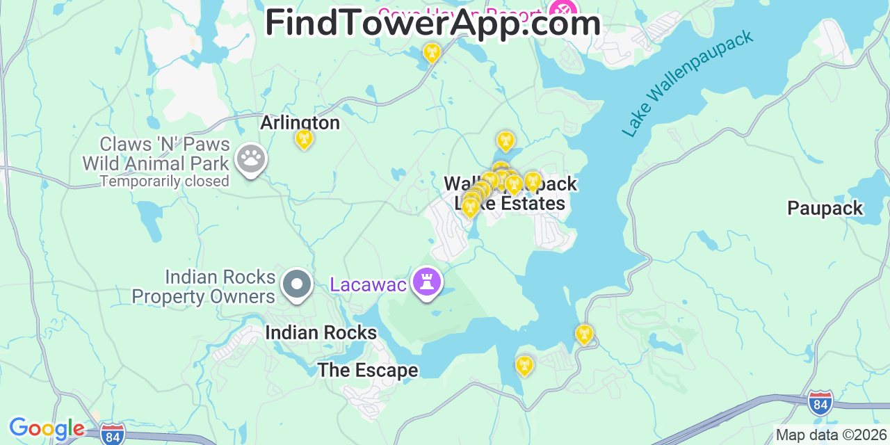 Map showing the 20 primary cell tower locations detected in Wallenpaupack Lake Estates, Pennsylvania from AT&T, Verizon, and T-Mobile networks