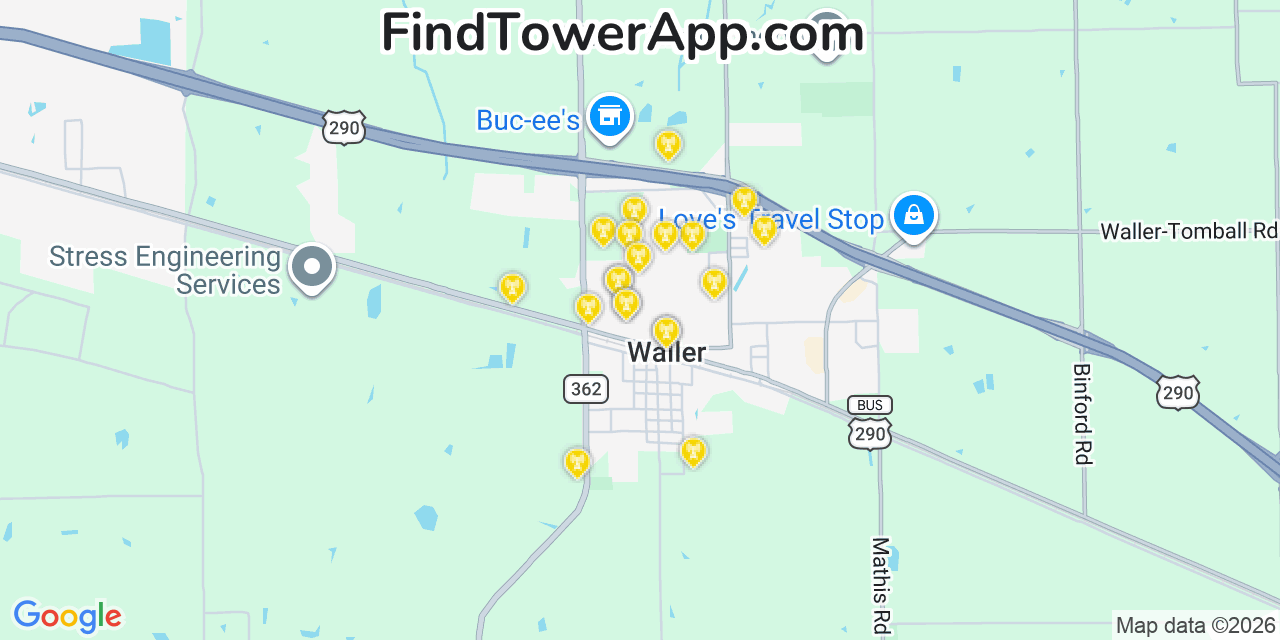 Map showing the 20 primary cell tower locations detected in Waller, Texas from AT&T, Verizon, and T-Mobile networks