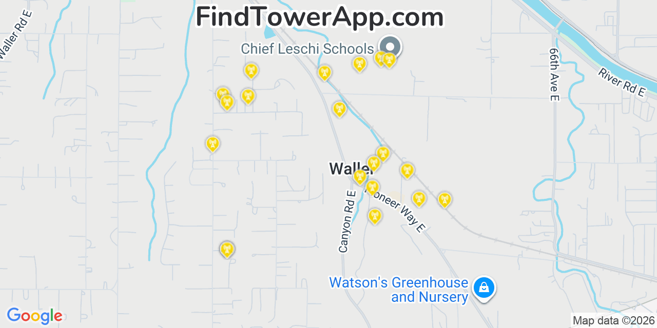 Map showing the 20 primary cell tower locations detected in Waller, Washington from AT&T, Verizon, and T-Mobile networks