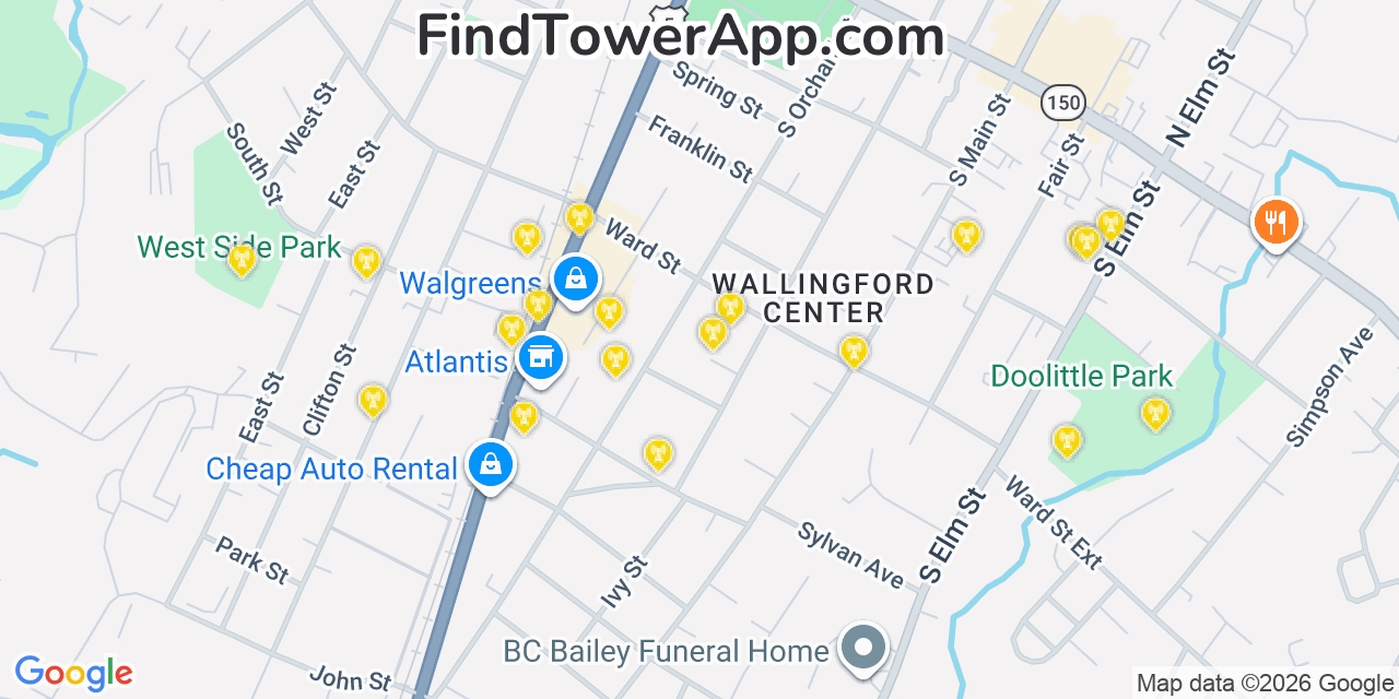 Map showing the 20 primary cell tower locations detected in Wallingford Center, Connecticut from AT&T, Verizon, and T-Mobile networks