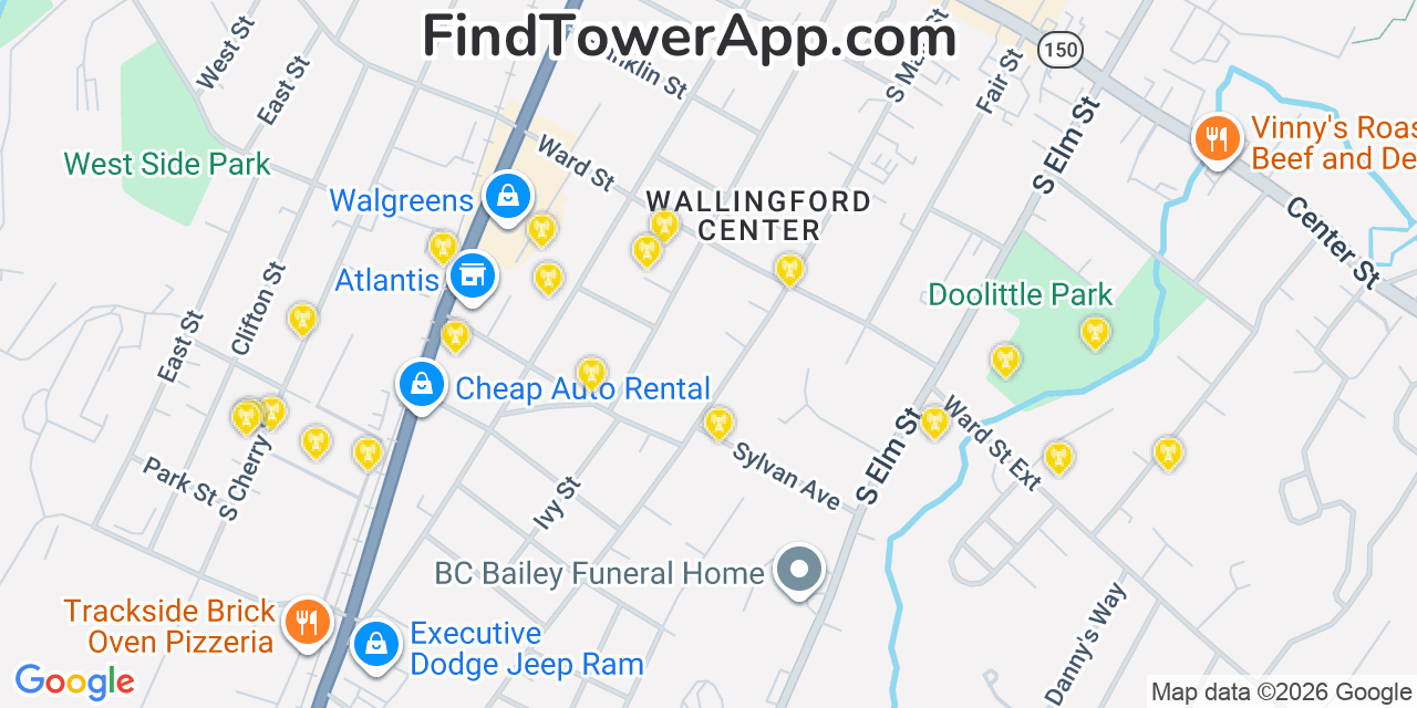 Map showing the 20 primary cell tower locations detected in Wallingford, Connecticut from AT&T, Verizon, and T-Mobile networks