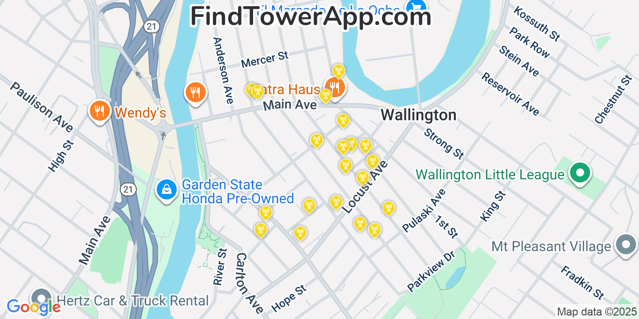 Map showing the 20 primary cell tower locations detected in Wallington, New Jersey from AT&T, Verizon, and T-Mobile networks