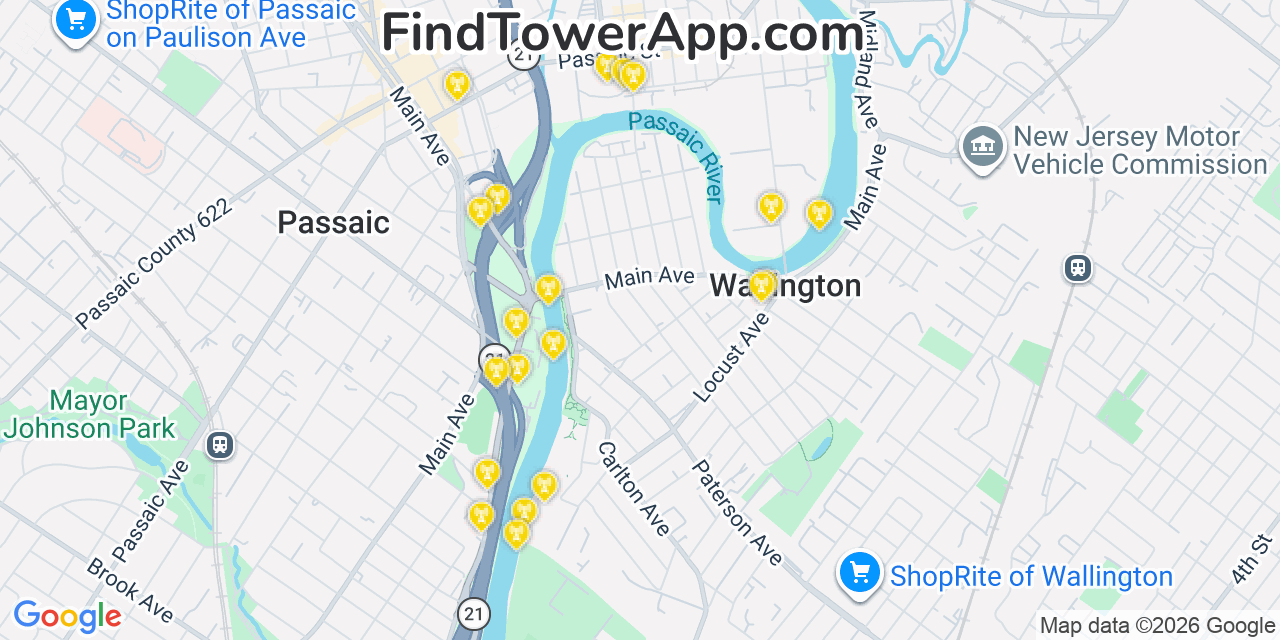 Map showing the 20 primary cell tower locations detected in Wallington, New Jersey from AT&T, Verizon, and T-Mobile networks