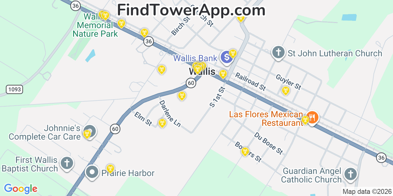 Map showing the 20 primary cell tower locations detected in Wallis, Texas from AT&T, Verizon, and T-Mobile networks