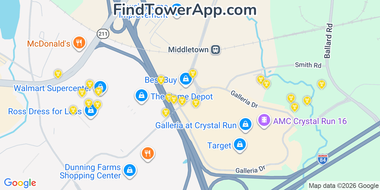 Map showing the 20 primary cell tower locations detected in Wallkill, New York from AT&T, Verizon, and T-Mobile networks